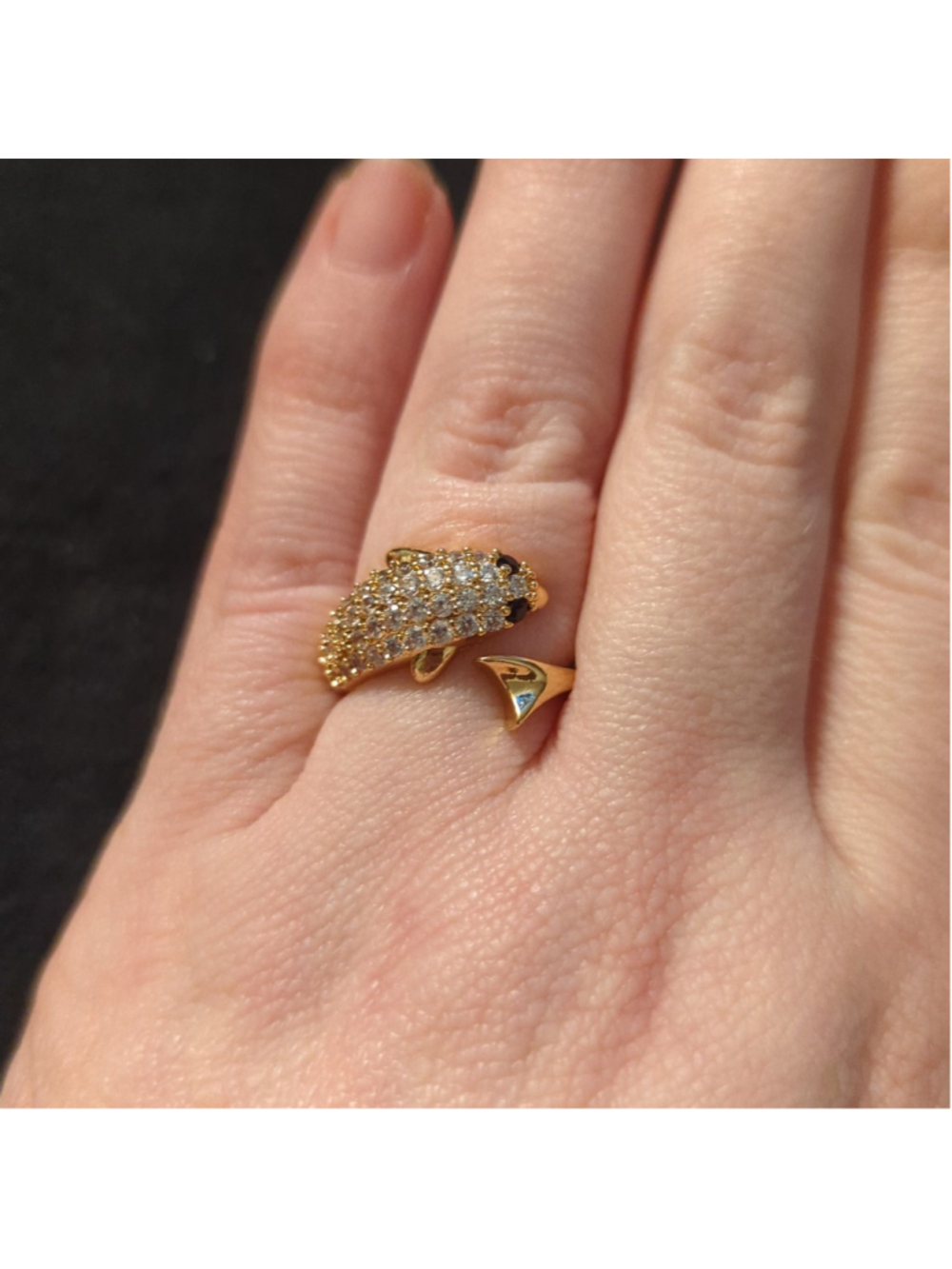 Gold Plated Clear Rhinestone Dolphin Bypass Statement Ring - size 6.5